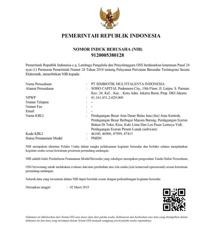 Nomor Induk Berusaha (NIB) PT SMI: 9120005380128 Nomor Induk Berusaha (NIB) PT SMI: 9120005380128