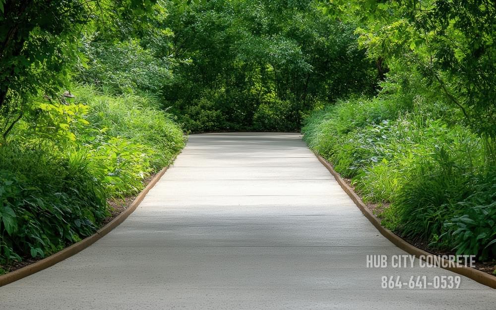 straight concrete walkway surrounded by lush green foliage with raised edge straight concrete walkway surrounded by lush green foliage with raised edge