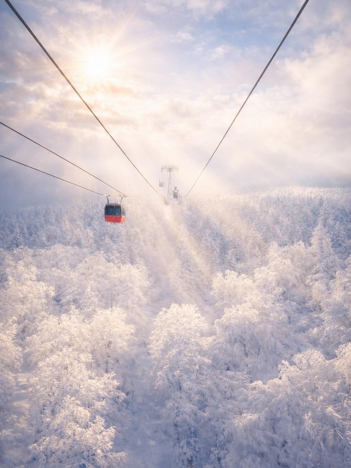 Cable car passing over snow-covered trees at Zao Onsen Ski Resort in Japan Cable car passing over snow-covered trees at Zao Onsen Ski Resort in Japan