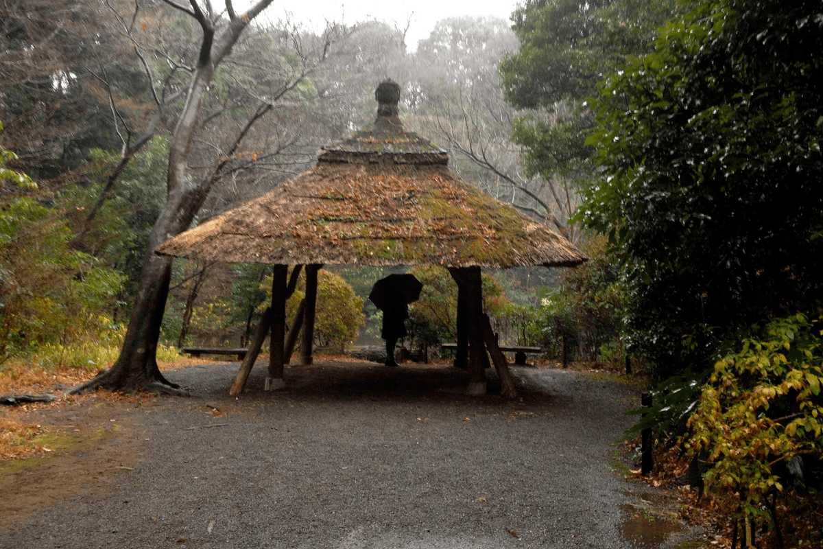 Person sheltering from rain under a traditional wooden pavilion in a Japanese forest, symbolising slow travel and time spent lingering Person sheltering from rain under a traditional wooden pavilion in a Japanese forest, symbolising slow travel and time spent lingering