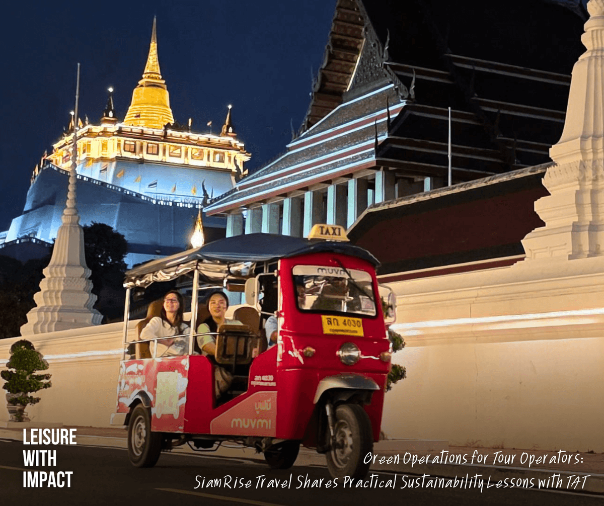 Electric tuk-tuk incorporated into a SiamRise Travel Bangkok itinerary as a lower-emission transportation option for responsible tourism. Electric tuk-tuk incorporated into a SiamRise Travel Bangkok itinerary as a lower-emission transportation option for responsible tourism.