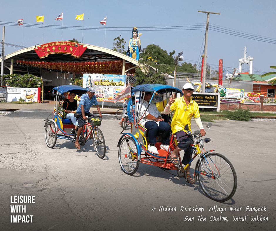 Local rickshaw rider guiding visitors in Ban Thachalom village near Bangkok Local rickshaw rider guiding visitors in Ban Thachalom village near Bangkok