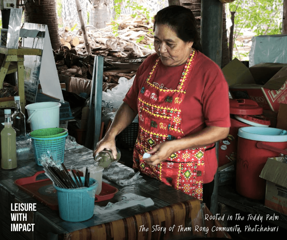 A local vendor serving a traditional toddy palm drink at Uncle Thanom's Toddy Palm Garden, where community-based tourism creates opportunities for local families in Tham Rong Community. A local vendor serving a traditional toddy palm drink at Uncle Thanom's Toddy Palm Garden, where community-based tourism creates opportunities for local families in Tham Rong Community.