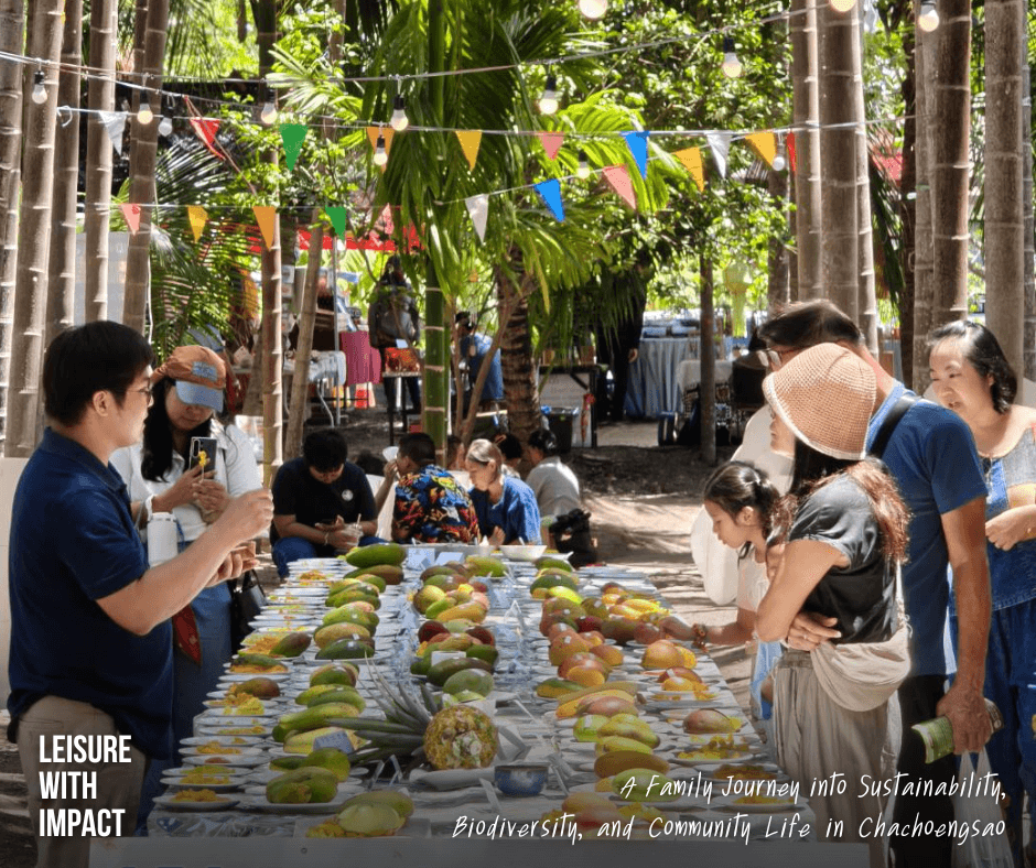Visitors enjoying mango tasting at a traditional canal orchard community along the Bang Pakong River in Chachoengsao, Thailand Visitors enjoying mango tasting at a traditional canal orchard community along the Bang Pakong River in Chachoengsao, Thailand