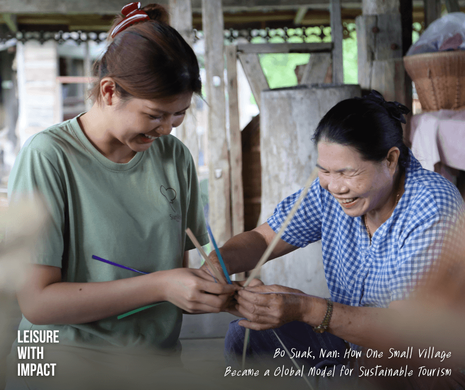 A local artisan and international traveller weave bamboo together during a creative tourism experience in Ban Taam, Bo Suak, Thailand. A local artisan and international traveller weave bamboo together during a creative tourism experience in Ban Taam, Bo Suak, Thailand.