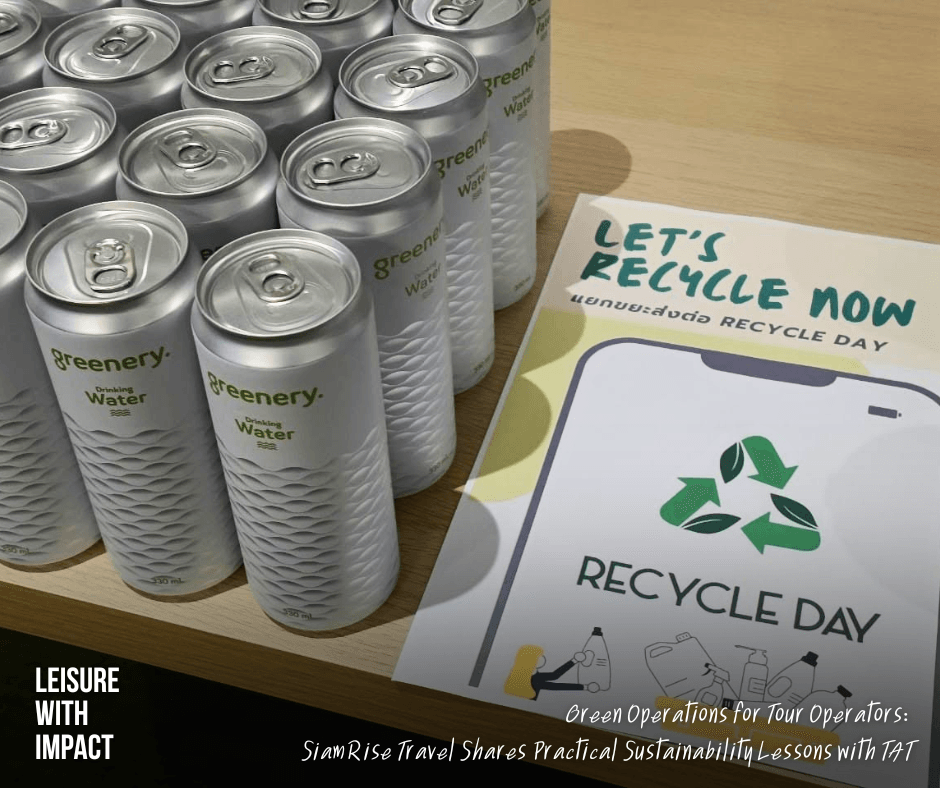 SiamRise Travel provides drinking water in recyclable aluminium cans at an event to support waste reduction and circular economy practices. Copy alt text SiamRise Travel provides drinking water in recyclable aluminium cans at an event to support waste reduction and circular economy practices. Copy alt text