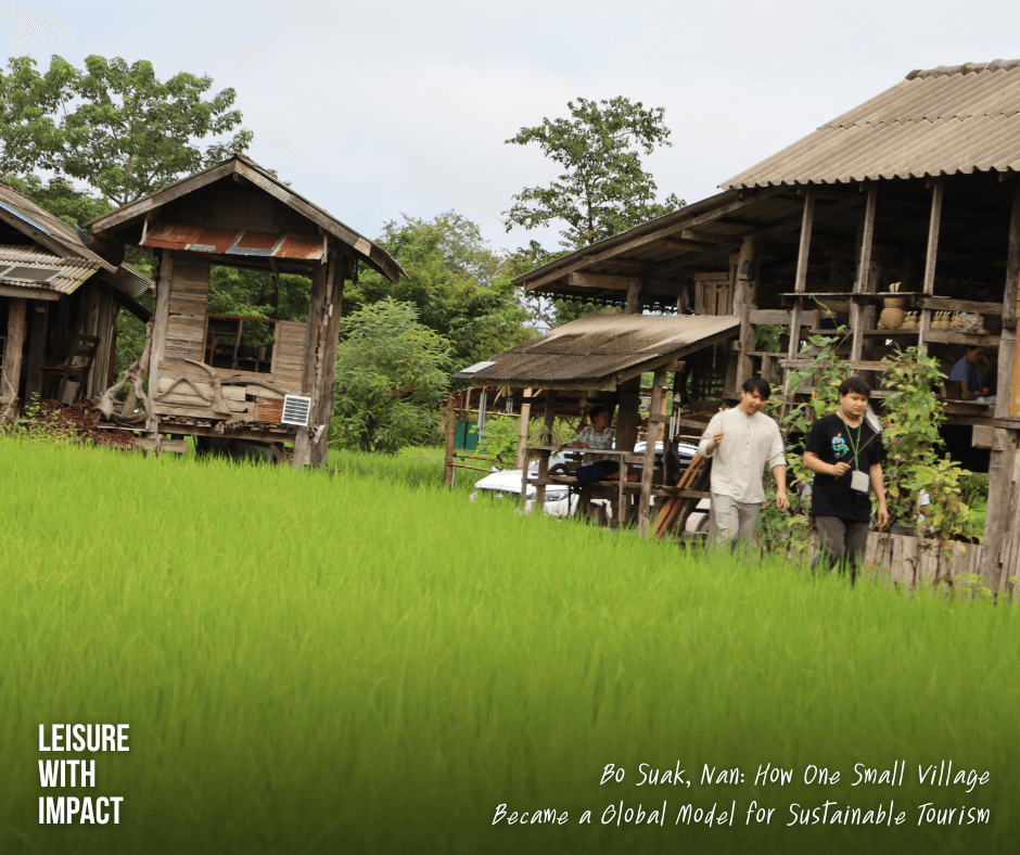 Traditional wooden house overlooking the peaceful rice fields of Tong Chom Chan in Bo Suak, Nan, a landscape preserved through sustainable community tourism. Traditional wooden house overlooking the peaceful rice fields of Tong Chom Chan in Bo Suak, Nan, a landscape preserved through sustainable community tourism.