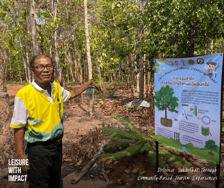Community forest leader sharing local conservation knowledge during a sustainable tourism experience in Sukhothai Community forest leader sharing local conservation knowledge during a sustainable tourism experience in Sukhothai
