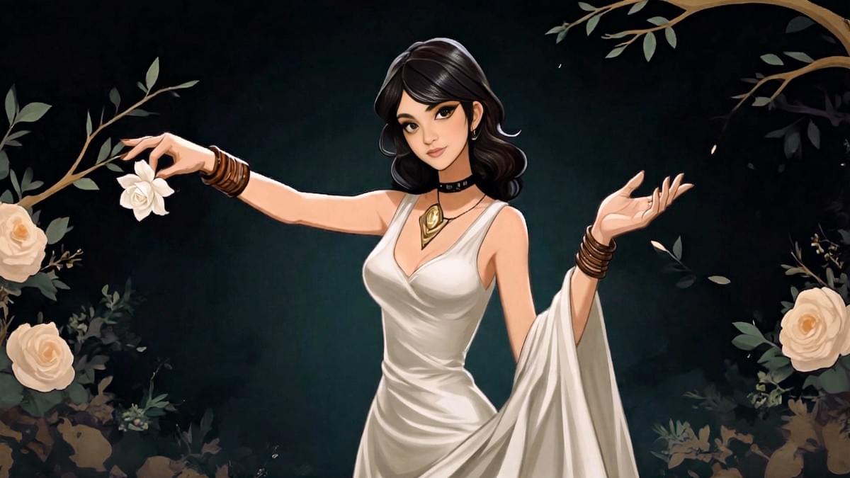 優雅黑髮女子持白花,穿白長裙,古風飾品點綴,黑背景環繞粉玫瑰 優雅黑髮女子持白花,穿白長裙,古風飾品點綴,黑背景環繞粉玫瑰