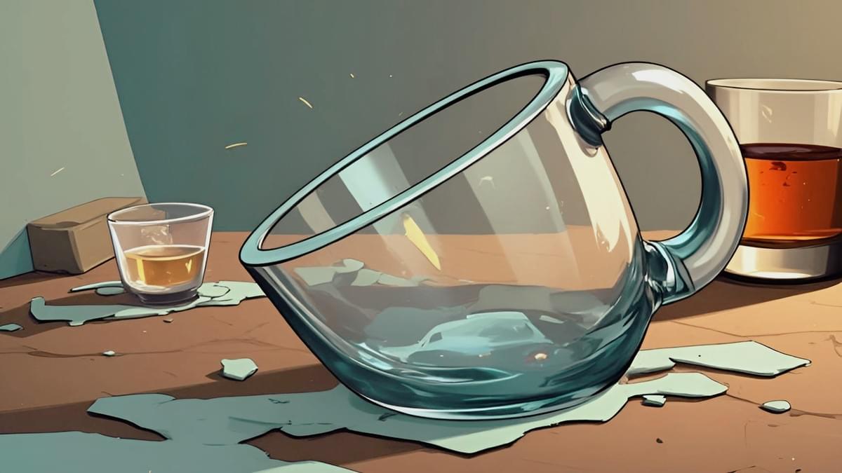 傾斜的透明大玻璃杯傾灑液體在木桌上,旁邊有威士忌酒杯與碎裂痕跡,呈現動態潑灑瞬間。 傾斜的透明大玻璃杯傾灑液體在木桌上,旁邊有威士忌酒杯與碎裂痕跡,呈現動態潑灑瞬間。