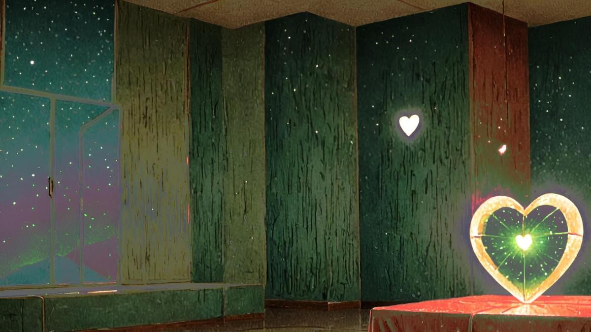 黑色巨石建築前,一道青色雷射光束在空中伸展,精準平衡著金屬心臟與鋼鐵方塊 黑色巨石建築前,一道青色雷射光束在空中伸展,精準平衡著金屬心臟與鋼鐵方塊