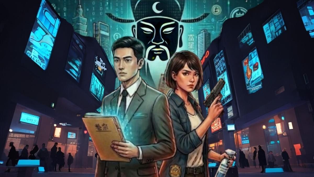 這張賽博朋克風格圖像描繪未來都市中,一名西裝男子持文件與一名持槍女子,背景有戴漢字面具的神秘身影 這張賽博朋克風格圖像描繪未來都市中,一名西裝男子持文件與一名持槍女子,背景有戴漢字面具的神秘身影