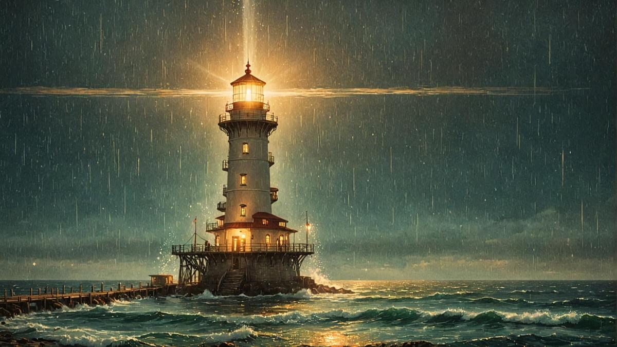 濃霧海面上一座發出強烈光束的燈塔 濃霧海面上一座發出強烈光束的燈塔