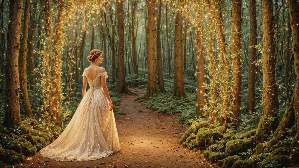 A woman approaches a luminous portal made of silk and moss, her backlit figure full of quiet poetry. A woman approaches a luminous portal made of silk and moss, her backlit figure full of quiet poetry.
