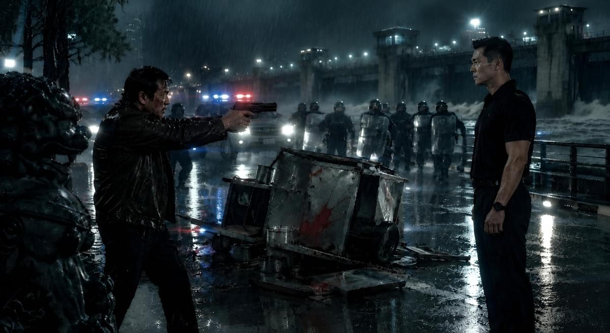 《五號水門》河堤暴雨中的警匪對峙 《五號水門》河堤暴雨中的警匪對峙