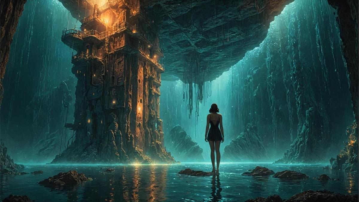 深海中矗立著巨大的粗獷主義混凝土建築,旁邊有發光的熱泉與穿著機能服的人影 深海中矗立著巨大的粗獷主義混凝土建築,旁邊有發光的熱泉與穿著機能服的人影