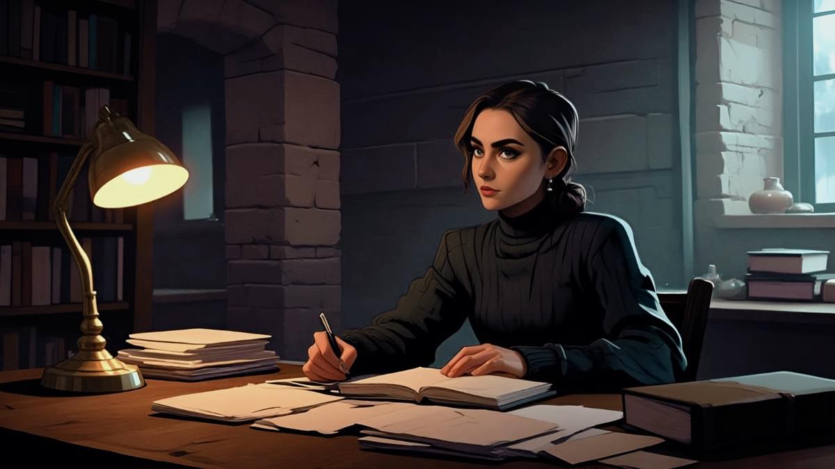 女子書桌寫作燈光柔和,書架石牆背景,古樸書卷堆疊 女子書桌寫作燈光柔和,書架石牆背景,古樸書卷堆疊