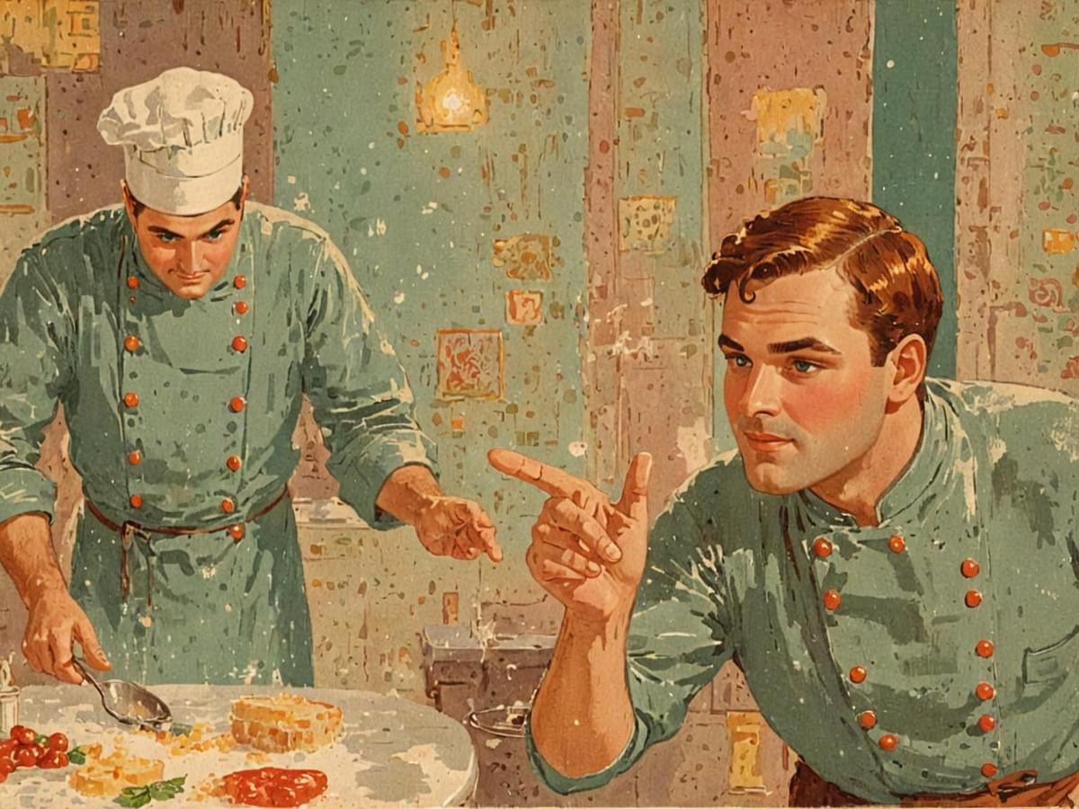 一位廚師手勢高傲地指導令一位廚師助手 一位廚師手勢高傲地指導令一位廚師助手