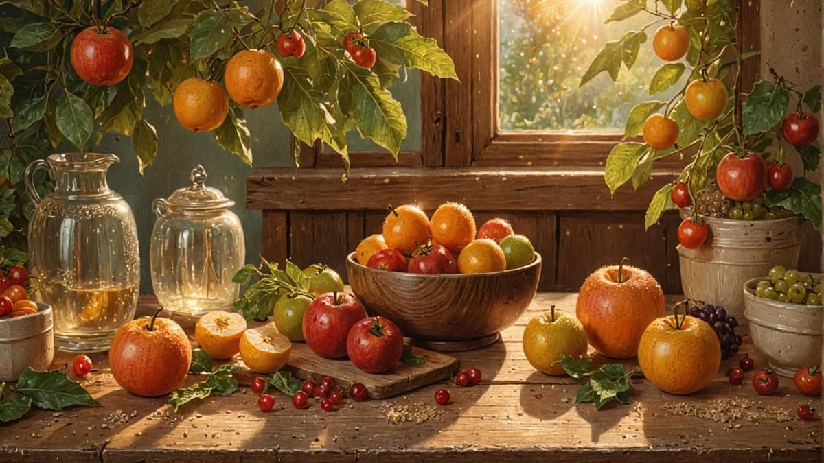 桌上剛採摘的水果,帶著晨露與質樸的生命力。 桌上剛採摘的水果,帶著晨露與質樸的生命力。