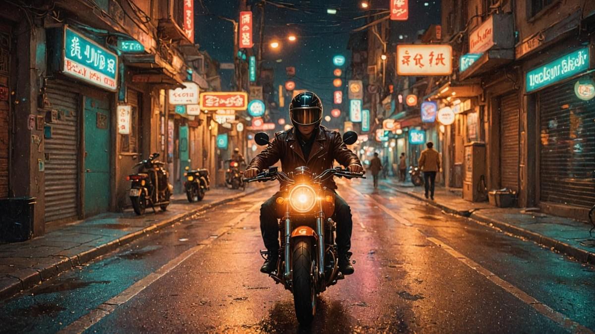 騎士戴著安全帽騎乘摩托車行駛在夜間街道,Room To Breathe_15.jpg 捕捉了都市夜晚的動態光影 騎士戴著安全帽騎乘摩托車行駛在夜間街道,Room To Breathe_15.jpg 捕捉了都市夜晚的動態光影