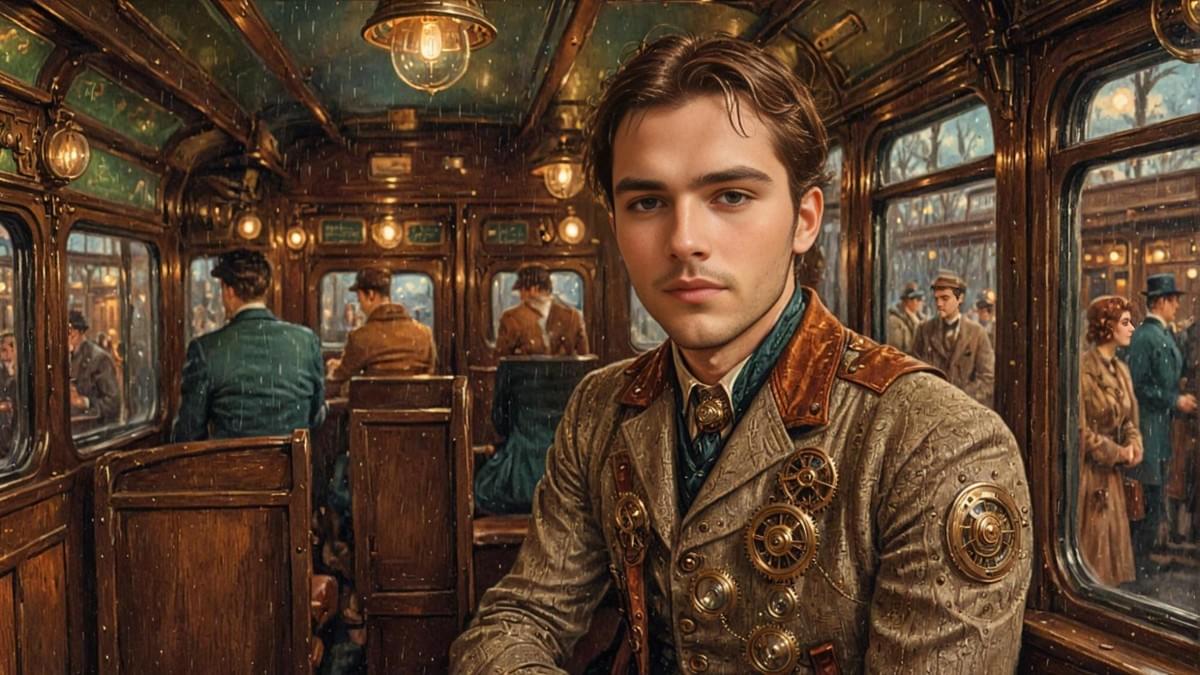 一位英俊青年坐於翠綠蒸氣龐克火車艙,霧雪窗外人影幢幢,大衣華麗鏤空,眼神堅定而叛逆 一位英俊青年坐於翠綠蒸氣龐克火車艙,霧雪窗外人影幢幢,大衣華麗鏤空,眼神堅定而叛逆