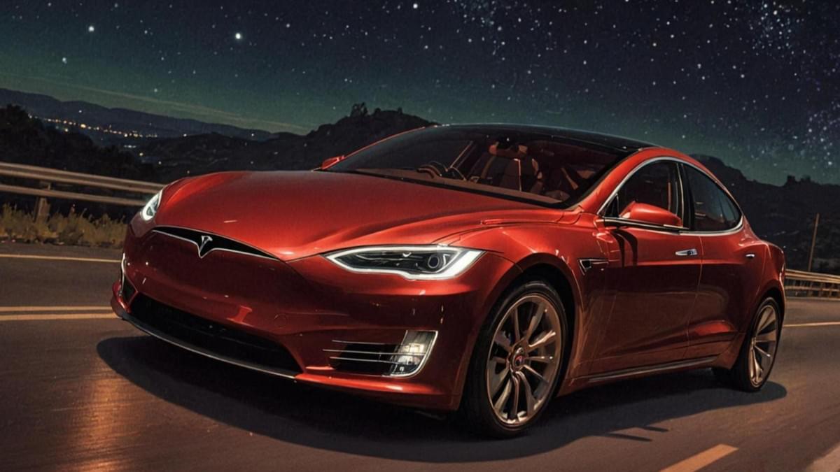 深夜沿海公路上疾馳的紅色特斯拉 深夜沿海公路上疾馳的紅色特斯拉