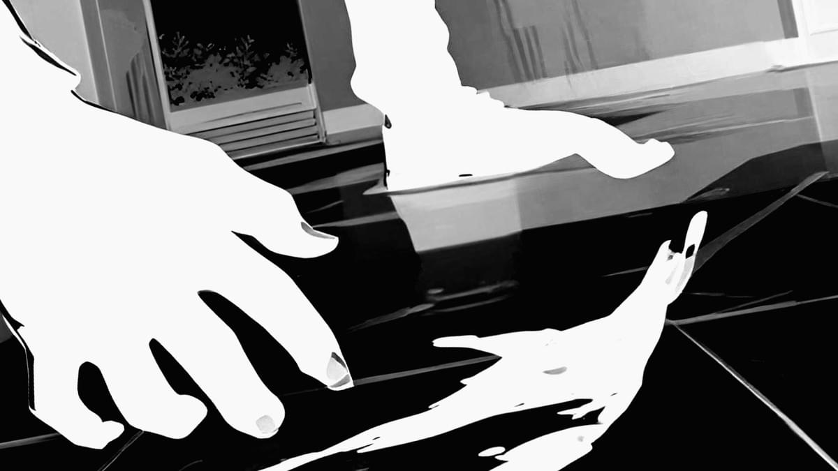 黑白線稿雙手伸展,白靴映地磚水漬,窗樹影朦朧 黑白線稿雙手伸展,白靴映地磚水漬,窗樹影朦朧