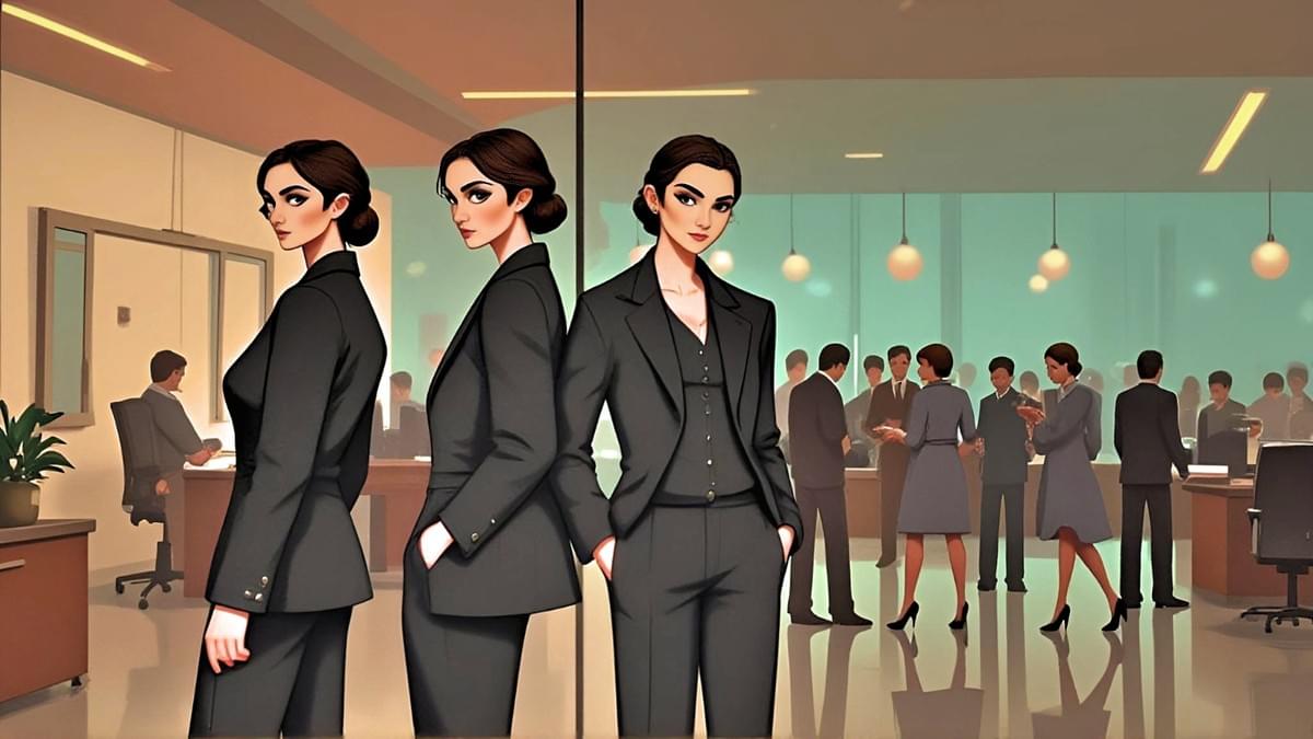 三位身穿俐落黑色套裝的女士自信站在時尚辦公室前景,背景同事正專注協作 三位身穿俐落黑色套裝的女士自信站在時尚辦公室前景,背景同事正專注協作