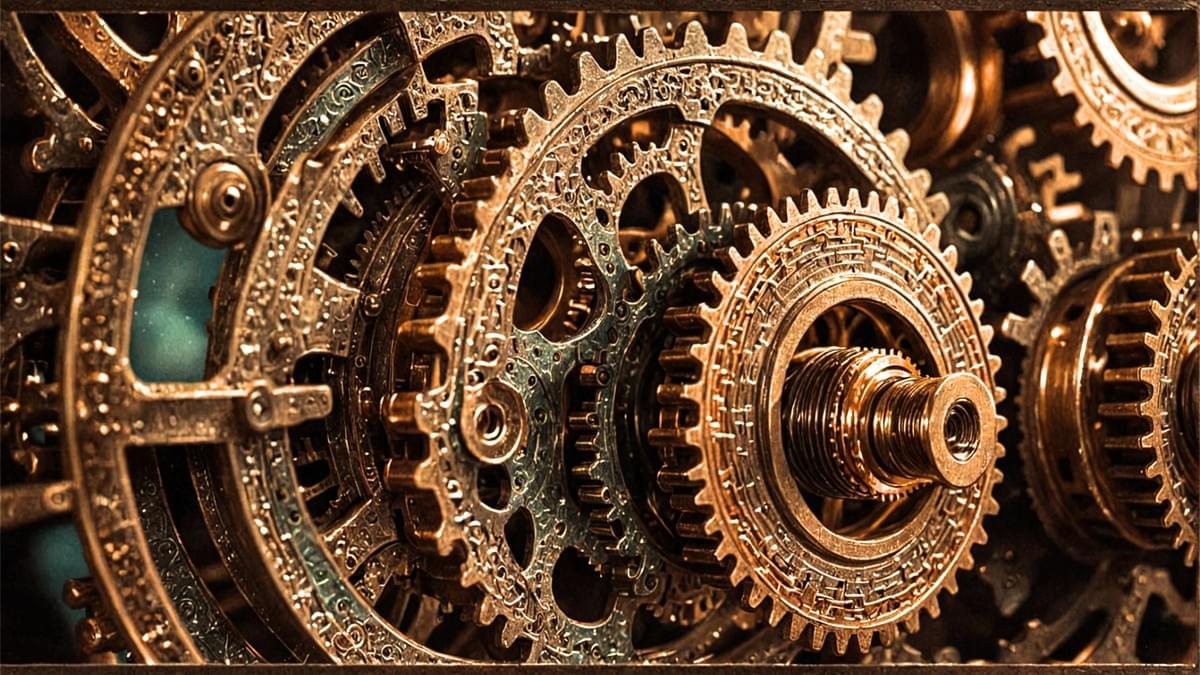 鈦金屬齒輪在粗獷的鋼鐵外殼中精準運轉,呈現冷冽而細緻的機械美學 鈦金屬齒輪在粗獷的鋼鐵外殼中精準運轉,呈現冷冽而細緻的機械美學