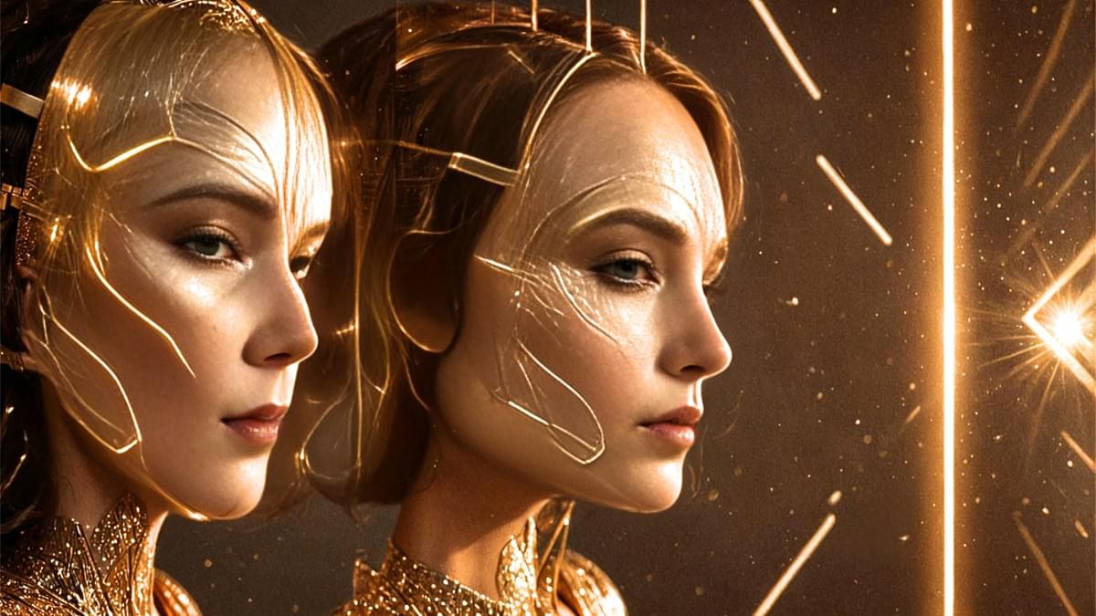 戴著機能面罩的臉孔與僵硬的幾何建築圖案之間,由一根發光纖維相互連結 戴著機能面罩的臉孔與僵硬的幾何建築圖案之間,由一根發光纖維相互連結