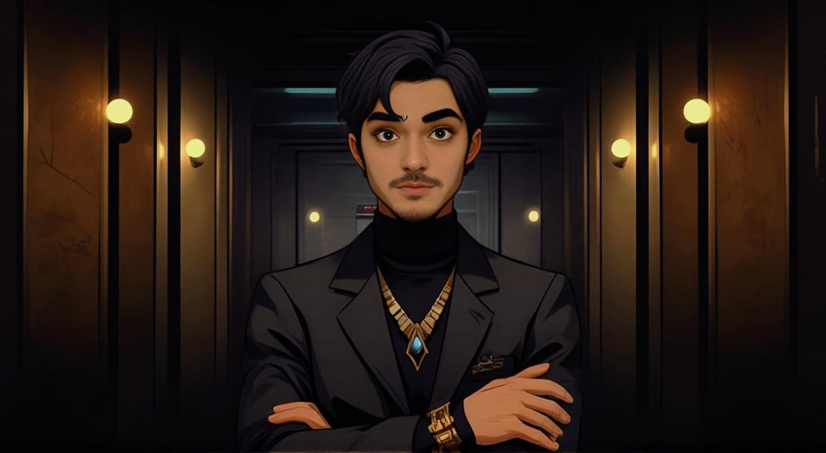 黑髮男子黑高領西裝雙臂交叉,頸鏈閃耀,燈光走廊營造神秘 黑髮男子黑高領西裝雙臂交叉,頸鏈閃耀,燈光走廊營造神秘