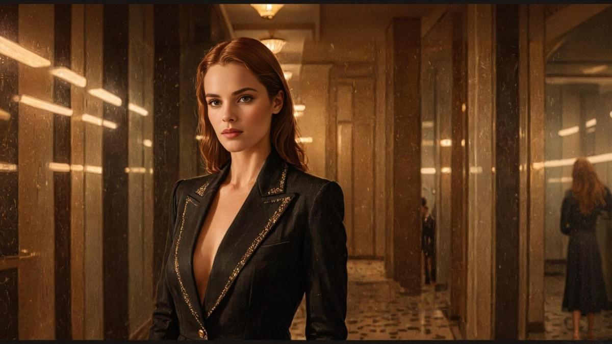 穿著鋒利剪裁西裝的女性站在高科技辦公室 穿著鋒利剪裁西裝的女性站在高科技辦公室