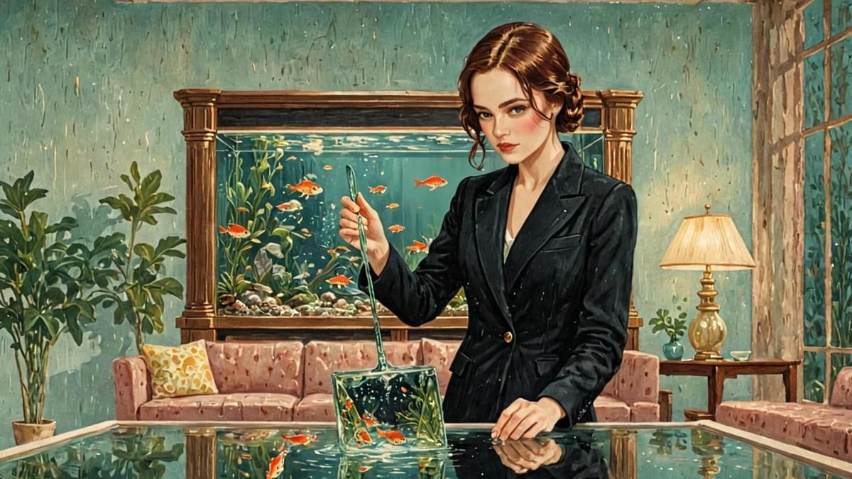蔡秀鳳在豪宅內用長柄細網清理高級魚缸的冷酷神態 蔡秀鳳在豪宅內用長柄細網清理高級魚缸的冷酷神態