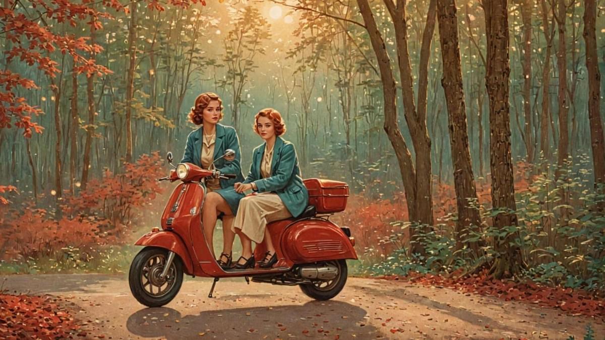 Woman leaning against a motorcycle rider, her clothes streaming in the wind as misty forest surrounds them. Woman leaning against a motorcycle rider, her clothes streaming in the wind as misty forest surrounds them.