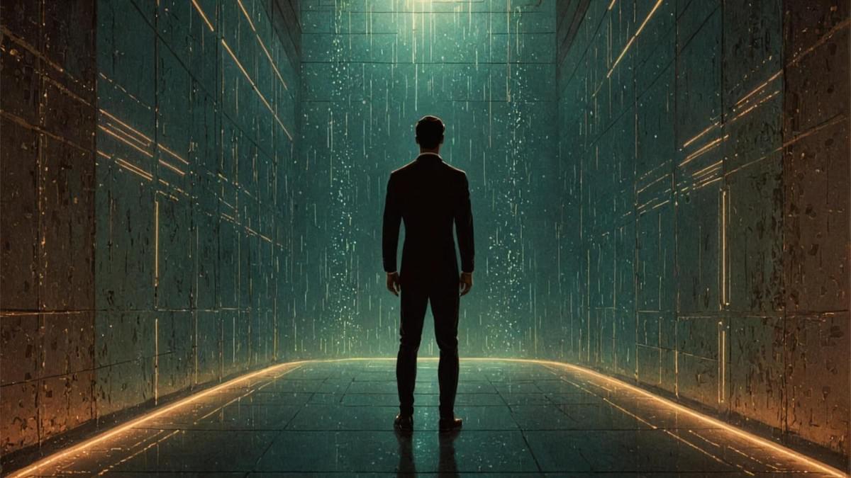 一位身穿黑衣的人站在高大的混凝土圓柱體內部,周身環繞著精密的全息數據格點 一位身穿黑衣的人站在高大的混凝土圓柱體內部,周身環繞著精密的全息數據格點