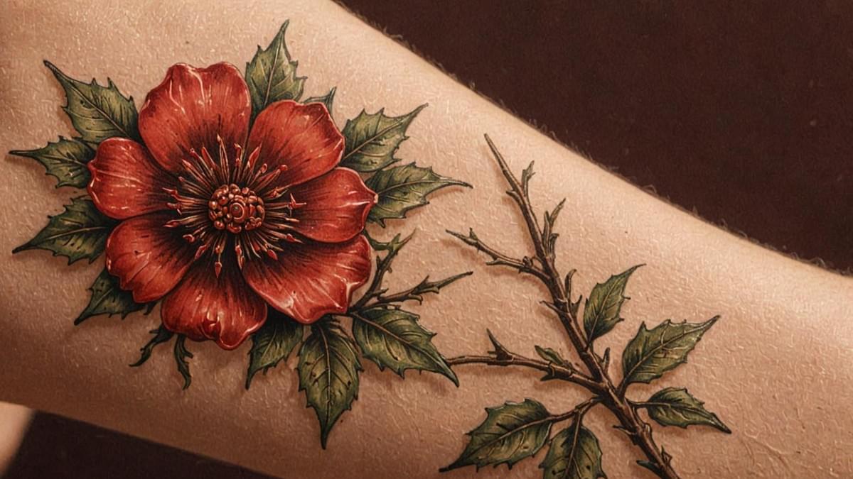 女性手臂上,帶刺的都鐸玫瑰刺青 女性手臂上,帶刺的都鐸玫瑰刺青