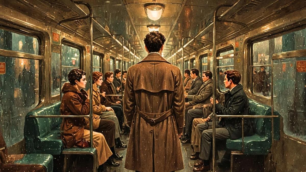 主角穿著長版風衣孤獨地站在擁擠車廂連接處。 主角穿著長版風衣孤獨地站在擁擠車廂連接處。