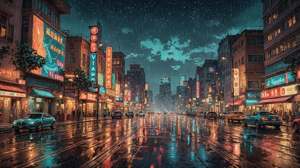 在雨夜的城市街道中,霓虹招牌映照在濕滑的路面上 在雨夜的城市街道中,霓虹招牌映照在濕滑的路面上