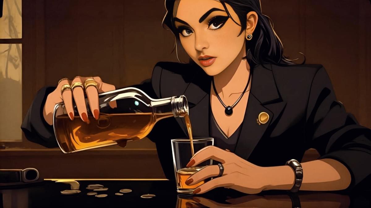 黑髮美女西裝傾倒琥珀酒入杯,吧檯金幣映燭光,復古氛圍。 黑髮美女西裝傾倒琥珀酒入杯,吧檯金幣映燭光,復古氛圍。