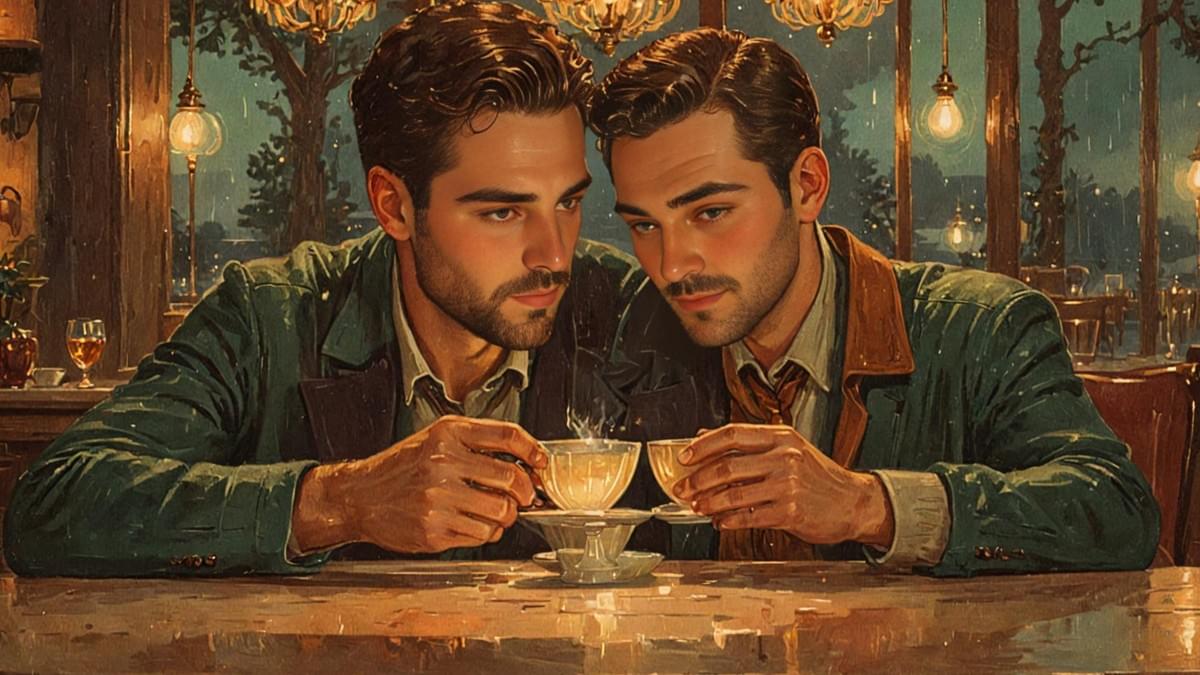 兩名容貌相似的男子在溫馨的室內對飲熱茶,Room To Breathe_13.jpg 營造出靜謐的交流時刻。 兩名容貌相似的男子在溫馨的室內對飲熱茶,Room To Breathe_13.jpg 營造出靜謐的交流時刻。