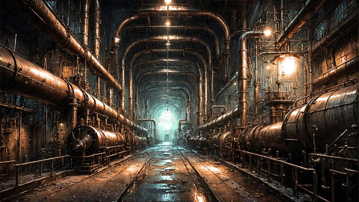 黑色巨大的工業管道之間,深色能量被轉化為銳利的電藍色電弧,不斷向上升騰 黑色巨大的工業管道之間,深色能量被轉化為銳利的電藍色電弧,不斷向上升騰