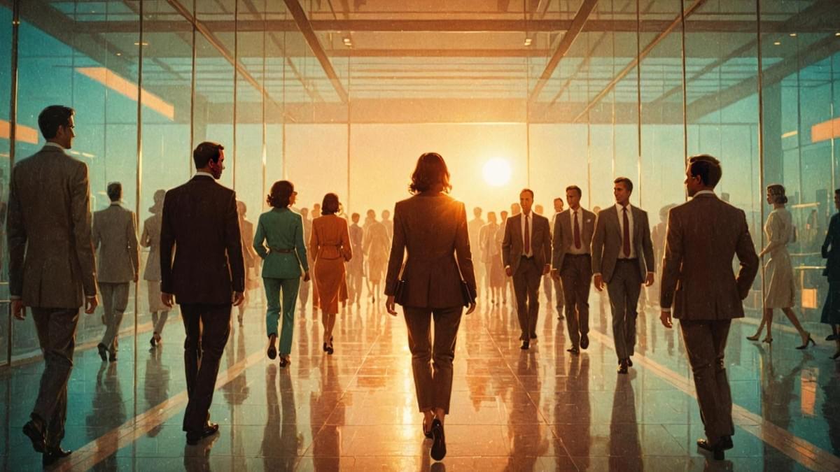 各自走向玻璃隧道盡頭,冷冽的強光讓背影銳利且充滿力量 各自走向玻璃隧道盡頭,冷冽的強光讓背影銳利且充滿力量