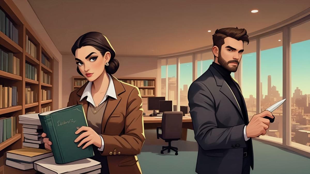 圖書館內,一名女子手持綠皮書,一男子握刀背對,窗外城市天際線,懸疑氛圍濃厚。 圖書館內,一名女子手持綠皮書,一男子握刀背對,窗外城市天際線,懸疑氛圍濃厚。