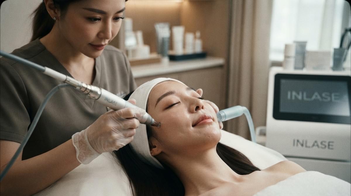 InLase雙波長療程實況:專業醫美治療師為女士進行面部InLase激光療程,儀器螢幕顯示INLASE品牌標誌,適用於緊緻提升、改善皮膚鬆弛,香港醫美診所專業療程環境 InLase雙波長療程實況:專業醫美治療師為女士進行面部InLase激光療程,儀器螢幕顯示INLASE品牌標誌,適用於緊緻提升、改善皮膚鬆弛,香港醫美診所專業療程環境