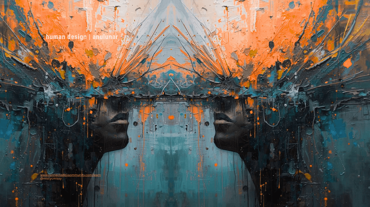 Symmetrical abstract mixed-media painting for the Human Design Juxtaposition Cross of Ideas. Two dark, mirrored silhouettes face outward, their heads exploding into vibrant bursts of orange and grey textured paint. This visualizes the mental imagery of Gate 11 and the creative articulation of Gate 12, emerging from the embodied presence of Gate 46 and the universal innocence of Gate 25 Symmetrical abstract mixed-media painting for the Human Design Juxtaposition Cross of Ideas. Two dark, mirrored silhouettes face outward, their heads exploding into vibrant bursts of orange and grey textured paint. This visualizes the mental imagery of Gate 11 and the creative articulation of Gate 12, emerging from the embodied presence of Gate 46 and the universal innocence of Gate 25