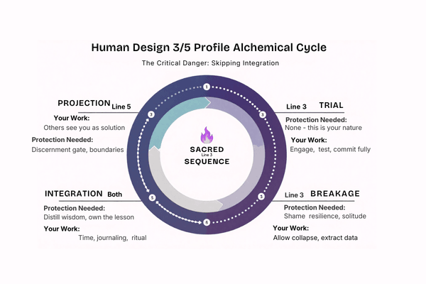 Human Design 3/5 Profile alchemical cycle diagram showing trial experimentation phase, breakage collapse, integration extraction, and projection savior sequence with discernment gates Human Design 3/5 Profile alchemical cycle diagram showing trial experimentation phase, breakage collapse, integration extraction, and projection savior sequence with discernment gates