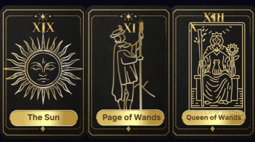 Gold embossed tarot cards created by MistycMissy featuring The Sun, Page of Wands, and Queen of Wands, symbolizing creativity, inspiration, confidence, and expressive leadership aligned with Mercury in the Fifth House astrology meaning. Gold embossed tarot cards created by MistycMissy featuring The Sun, Page of Wands, and Queen of Wands, symbolizing creativity, inspiration, confidence, and expressive leadership aligned with Mercury in the Fifth House astrology meaning.
