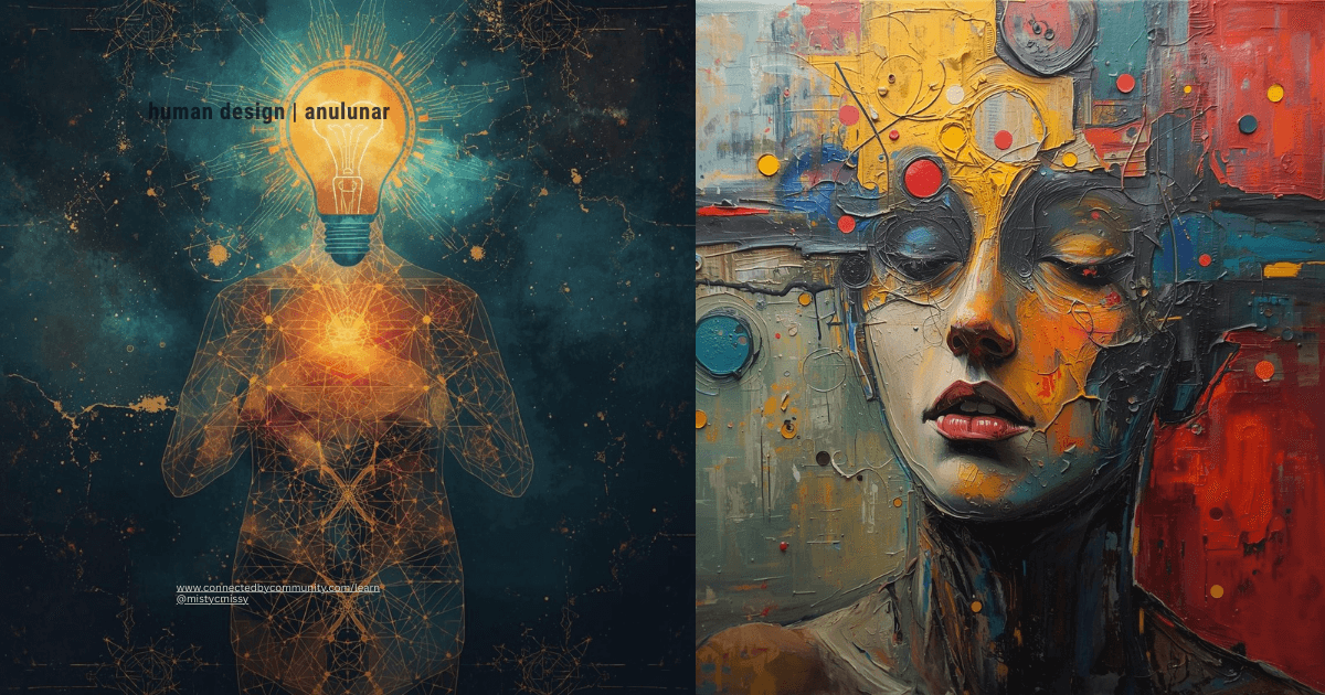 Human Design Juxtaposition Cross of Articulation (12/11 | 25/46) dual portrait with glowing cosmic lightbulb head and abstract golden female face, symbolizing Articulate Alchemist's emotional expression and embodied truth. H1 Tag Human Design Juxtaposition Cross of Articulation (12/11 | 25/46) dual portrait with glowing cosmic lightbulb head and abstract golden female face, symbolizing Articulate Alchemist's emotional expression and embodied truth. H1 Tag