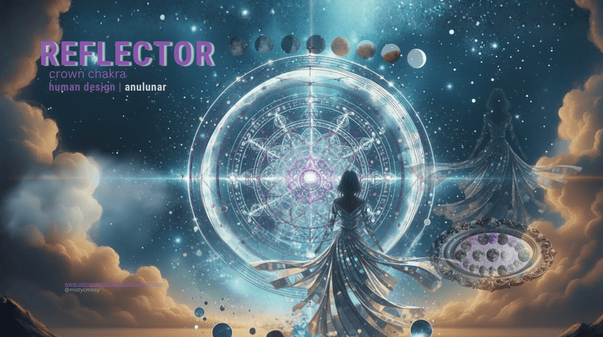 Human Design Reflector hero image featuring a silhouetted woman in flowing dress facing a radiant crown chakra sigil wheel, surrounded by lunar phases, multiple moons, starry cosmic sky, and reflective energy representing Reflector environmental sampling and AnuLunar™ wisdom. Human Design Reflector hero image featuring a silhouetted woman in flowing dress facing a radiant crown chakra sigil wheel, surrounded by lunar phases, multiple moons, starry cosmic sky, and reflective energy representing Reflector environmental sampling and AnuLunar™ wisdom.