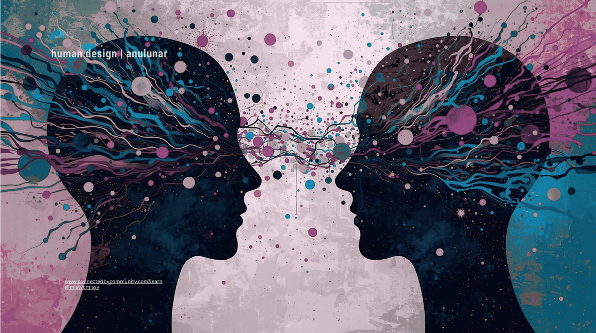 Mirrored facing silhouette profiles with interconnected neural networks and colorful energy particles in teal, purple, pink watercolor style, symbolizing Human Design Right Angle Cross of the Unexpected (27/28 | 41/31) Compassionate Guardian – Gates 27 instinctive care, 28 meaningful struggle, 41 emotional spark, 31 intuitive influence AnuLunar™ Mirrored facing silhouette profiles with interconnected neural networks and colorful energy particles in teal, purple, pink watercolor style, symbolizing Human Design Right Angle Cross of the Unexpected (27/28 | 41/31) Compassionate Guardian – Gates 27 instinctive care, 28 meaningful struggle, 41 emotional spark, 31 intuitive influence AnuLunar™